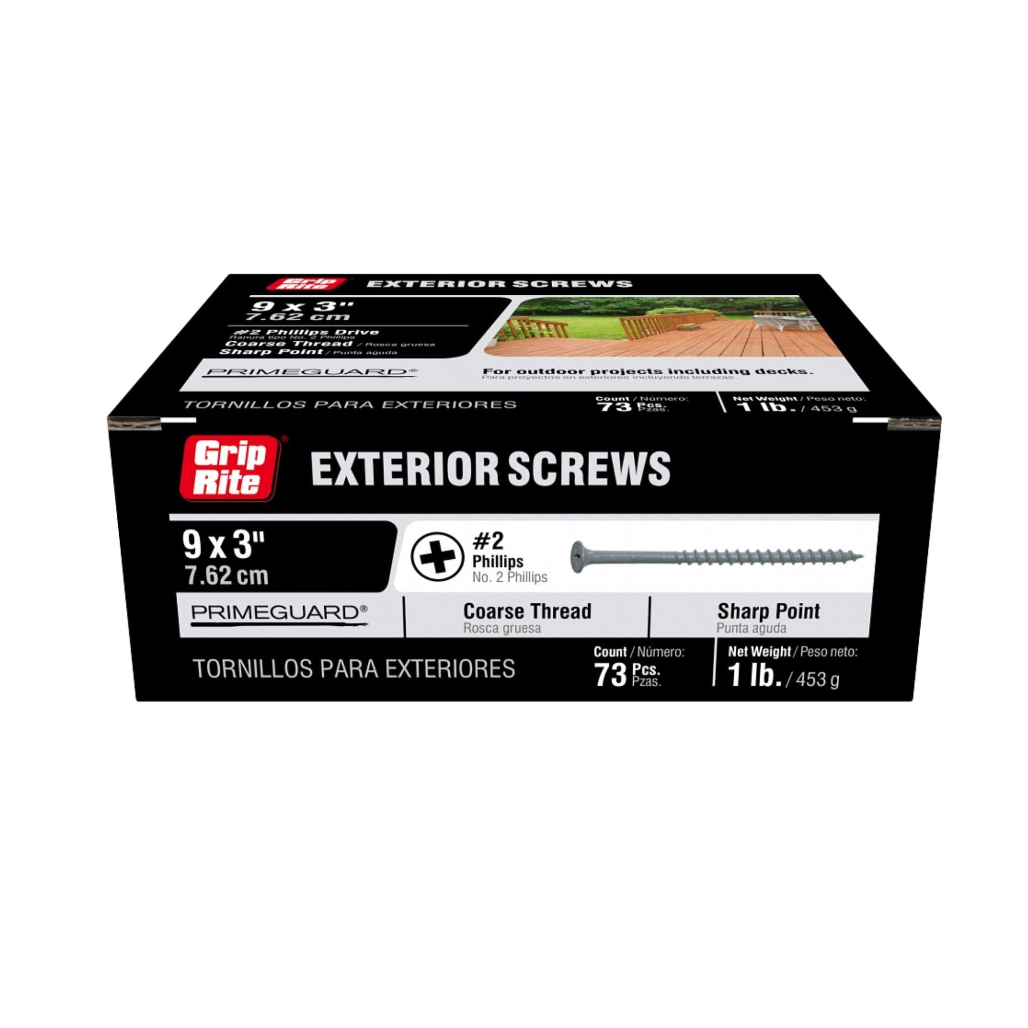 A pack of GRIP-RITE PTN3S1 #9 x 3 screws with a bugle head, coarse thread, and PrimeGuard coating offers 73 pieces weighing 1 lb. Ideal for outdoor projects.